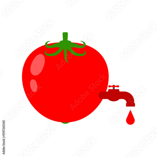 Red tomato with a faucet tap dripping juice, creative concept of fresh vegetable extract.