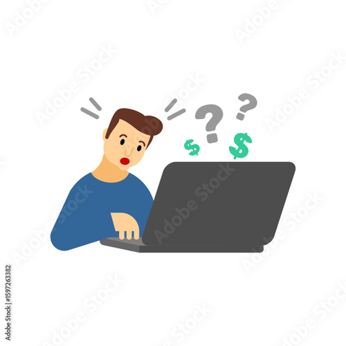 Shocked man looking at laptop surrounded by floating dollar signs — concept of financial problems, empty balance, or online banking issues in a modern flat vector style.