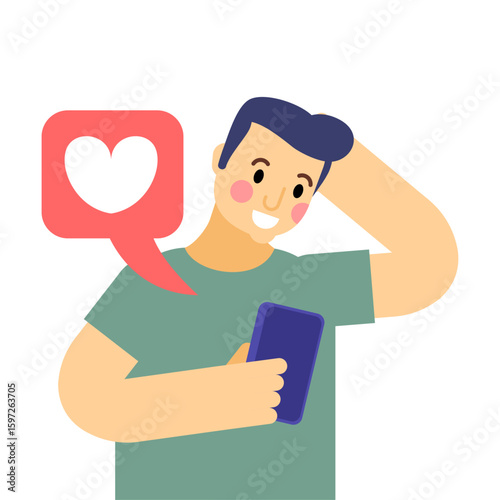 Man looking at phone with a heart notification. Symbol of social media likes, dating apps, online interaction, and communication.
