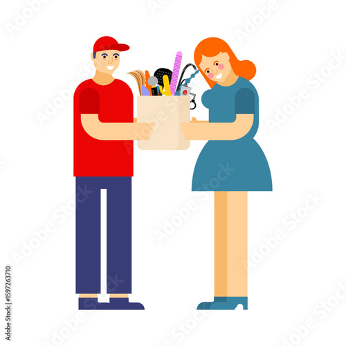 Courier delivering package to woman filled with various colorful sex toys and adult items

