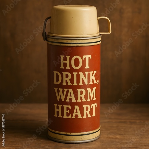 A vintage thermos with hot drink warm heart text sits on a wooden surface against a brown background