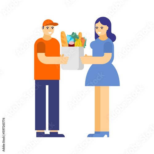 Delivery man handing grocery box to a woman. Concept of home food delivery and online shopping service.