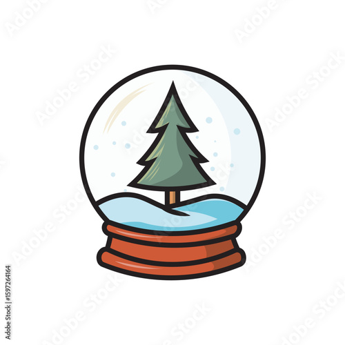 Evergreen snow globe vector illustration. Clear globe showcasing a lone pine tree drifting in gentle snowflakes.