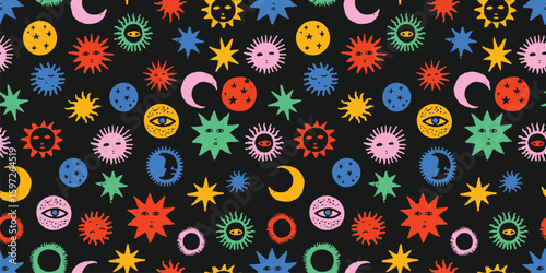 Colorful Celestial Astrology Seamless Pattern with Suns, Moons, Stars, and Eyes on Black Background Vector