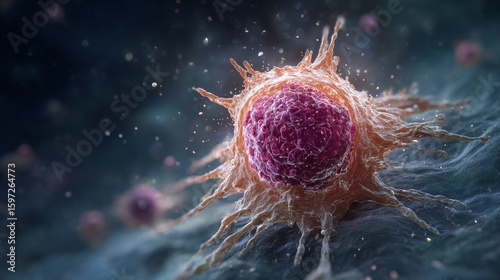 Macrophage cell rendered in 3D shows immune defense, debris removal, pathogen absorption, inflammation, and tissue healing in scientific context.