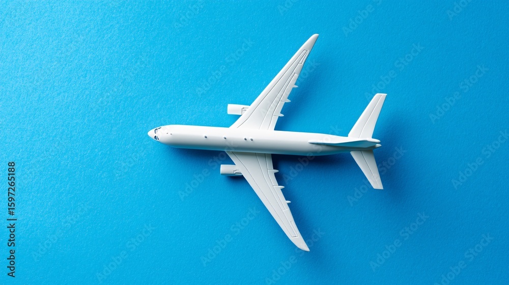 Fototapeta premium White Airplane Model on a Blue Background, Top View