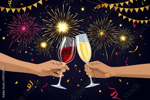 Celebration with two hands toasting wine and champagne glasses against a fireworks background