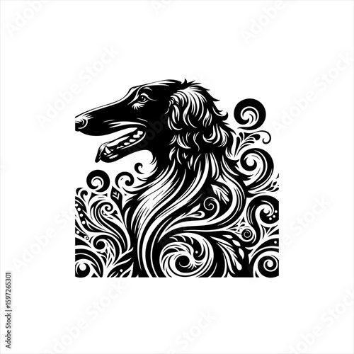 Elegant Black and White Borzoi Dog with Ornate Swirls.