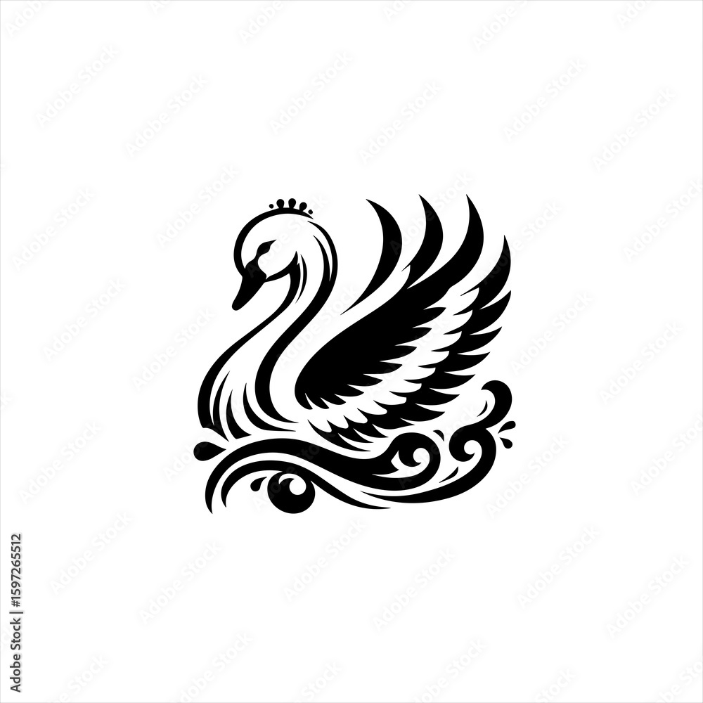 Fototapeta premium Elegant Black Swan with Ornate Wings and Crown.