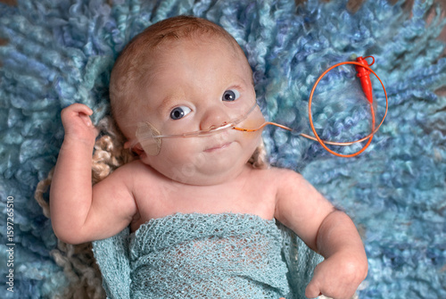 Close up sweet tiny 2 month boy wIth Trisomy 18 nasogastric feeding tube for nutrition