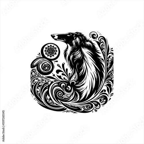 Elegant Borzoi Dog with Ornate Floral Design.