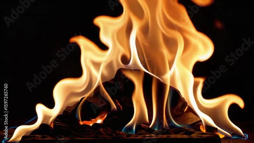 Campfire Flames Burning on Black Background, Realistic Fire Animation with Glowing Sparks and Heat, Perfect for Visual Effects, Survival, or Outdoor Night Scene Projects