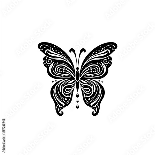 Intricate Black and White Butterfly Tattoo Design.