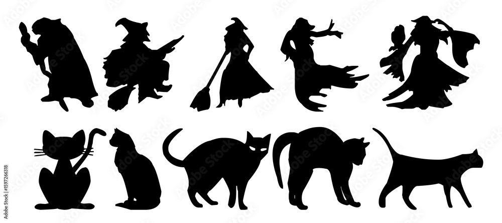 Fototapeta premium Silhouettes of Halloween-themed elements. Halloween Scene. Set of elements for Halloween. Collection of black silhouettes. 