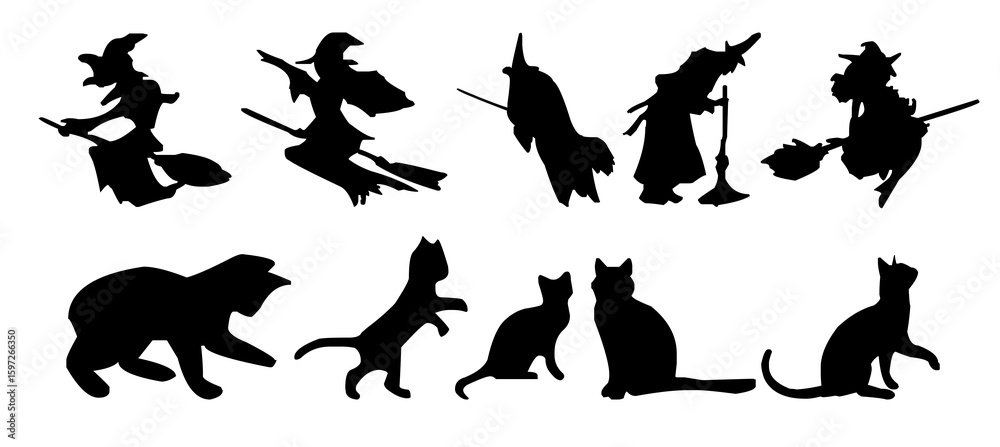 Fototapeta premium Silhouettes of Halloween-themed elements. Halloween Scene. Set of elements for Halloween. Collection of black silhouettes. 