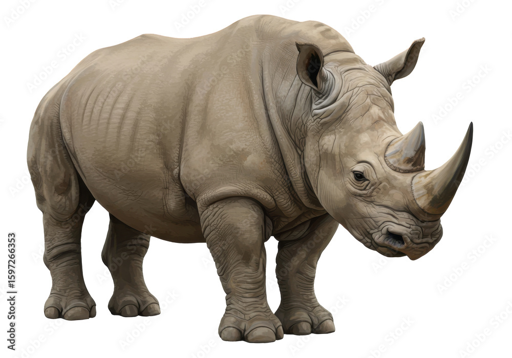 Obraz premium A realistic depiction of a rhinoceros standing on a plain, showcasing its strength and size