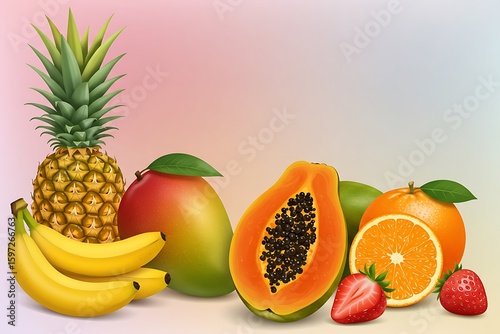 A vibrant assortment of tropical fruits displayed against a soft gradient background in a studio setting