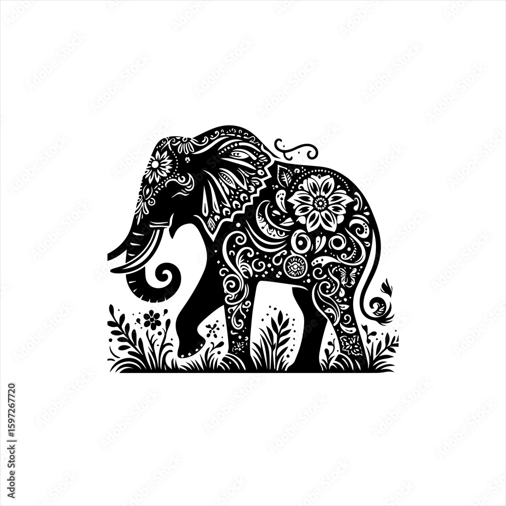 Fototapeta premium Ornate Black Elephant Silhouette with Floral Patterns.