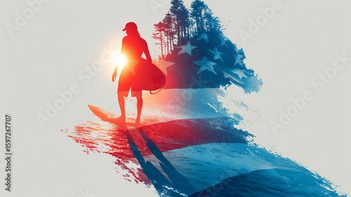 Surfer dude in sunset shades under a towering Fourth of July firework shadow on a bright white canvas, patriotic celebration
