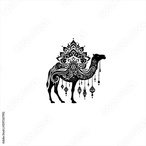 Ornate Camel Silhouette with Mandala and Lanterns.