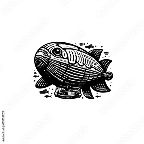 Steampunk Fish Blimp Flying Through Water.