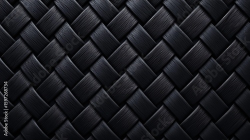 Close-up image of a black woven pattern with a textured, glossy finish showcasing intricate interlaced strips.