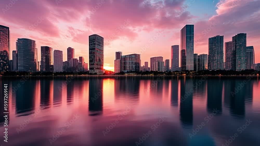 custom made wallpaper toronto digitalCityscape Sunset Reflection: Stunning Pink Hues Over Urban Skyline