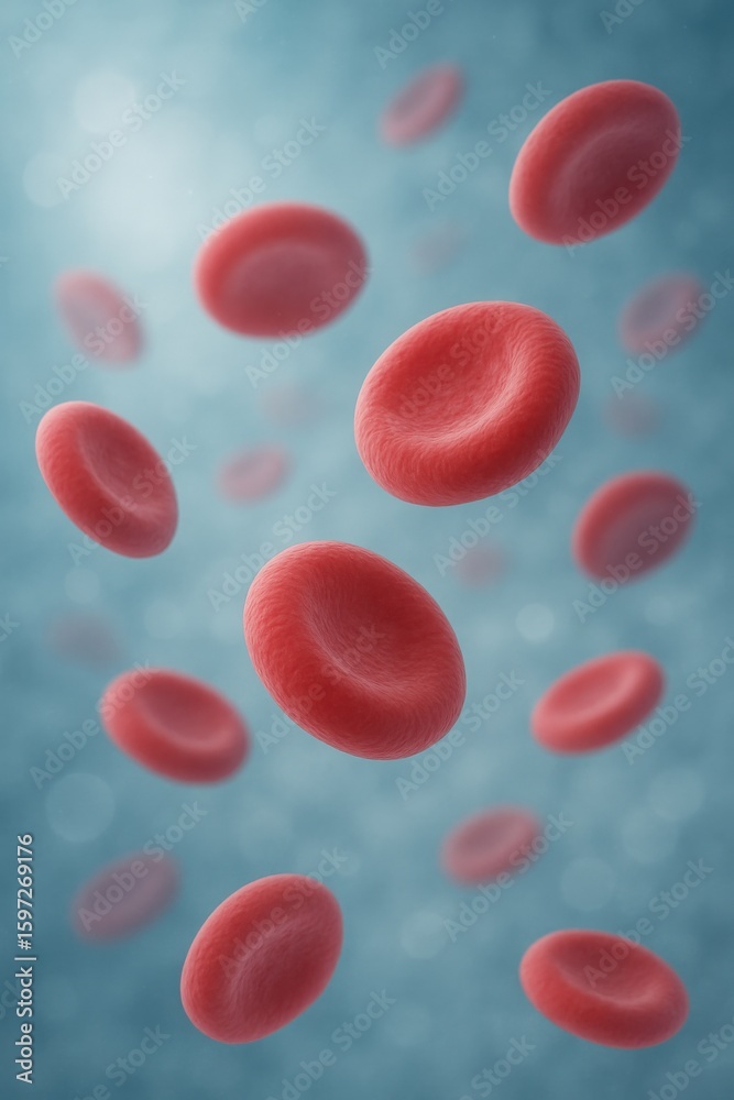Fototapeta premium Closeup rendering of red cells against blurred blue background