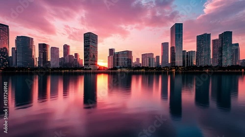 Wallpaper Mural Cityscape Sunset Reflection: Stunning Pink Hues Over Urban Skyline Torontodigital.ca