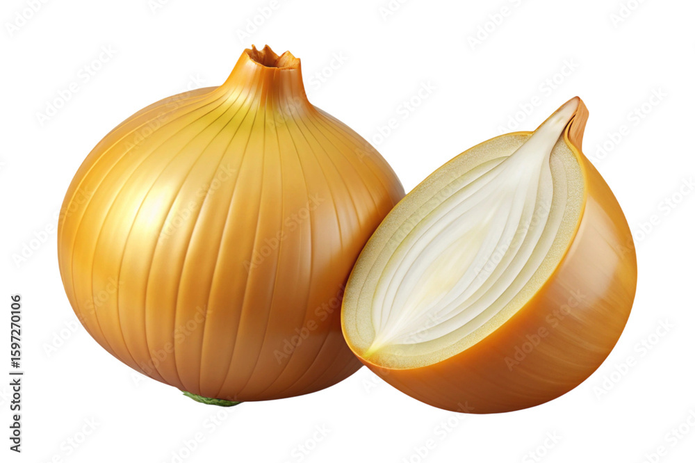Obraz premium Two golden brown onions one whole and one halved showing the white interior isolated on transparent background