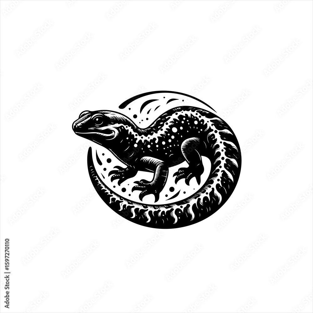Stylized Black and White Lizard Emblem. Stylized Black and White Lizard Emblem.