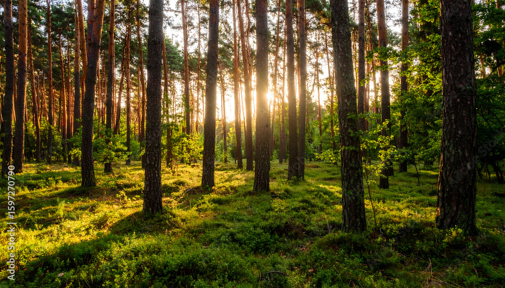 Naklejka premium Sunlit Forest Floor with Tall Pines and Lush Green Undergrowth at Golden Hour