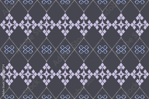 Elegant seamless pixel art pattern featuring delicate floral diamond motifs in soft purple and blue hues on a dark background. Perfect for textiles, fabrics, crafts, wrapping paper, and digital prints