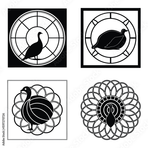 Four stylized graphic designs featuring turkey silhouettes in circular and decorative frames silhouette