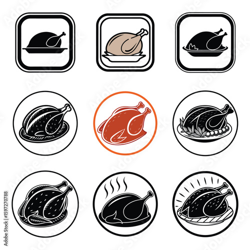 Collection of cooked turkey icons and illustrations in a silhouette style