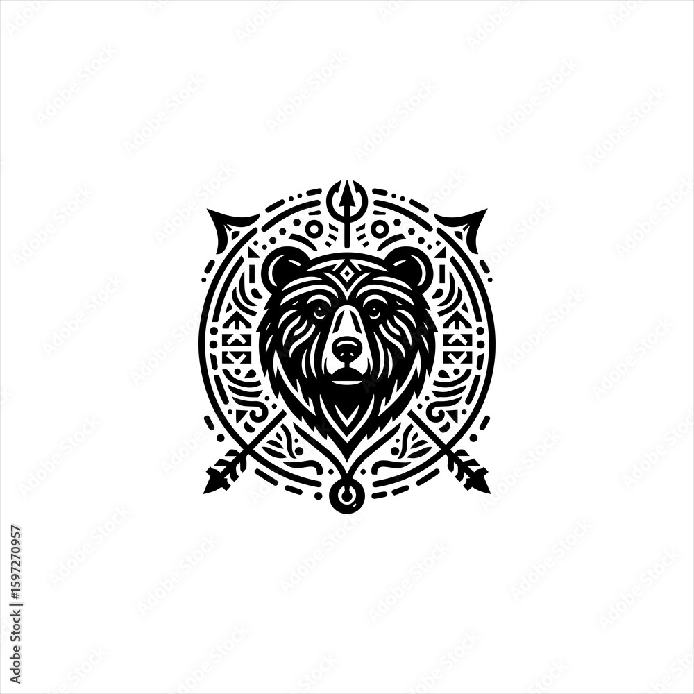 Fototapeta premium Stylized Black Bear Head Emblem with Arrows.