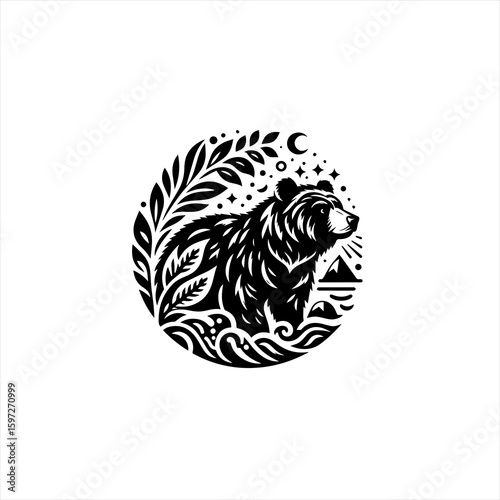 Stylized Black Bear in Nature Emblem.