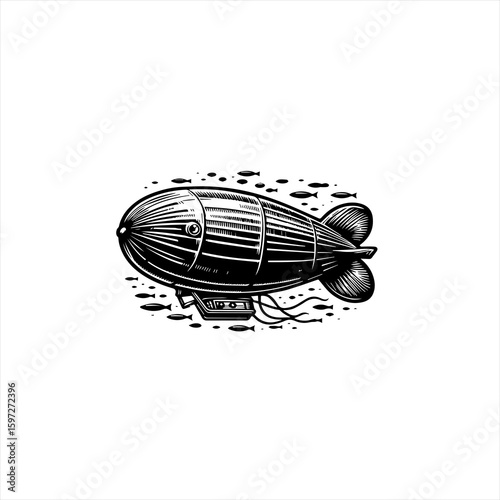 Vintage Airship Floating Among Schools of Fish.