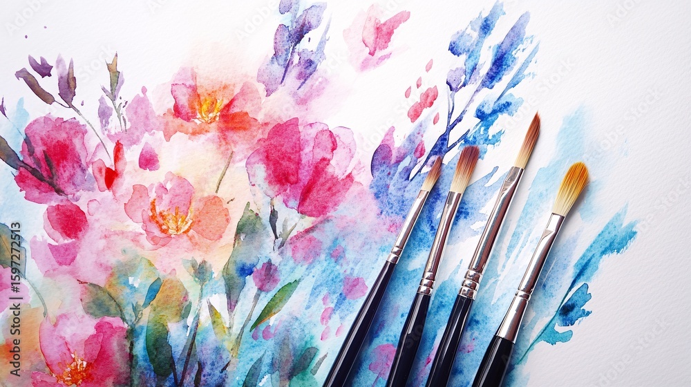 Obraz premium Floral watercolor painting with brushes on white paper