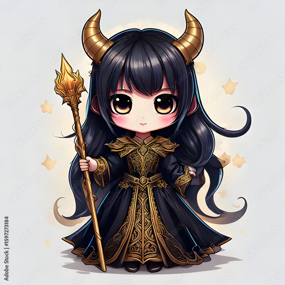 Fototapeta premium A cute chibi-style demon girl with horns, wearing a black and gold dress, holding a golden staff and axe, with a sparkling background.