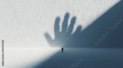 Shadow of a gigantic hand looming over a small figure on a white minimalist background, symbolic and striking