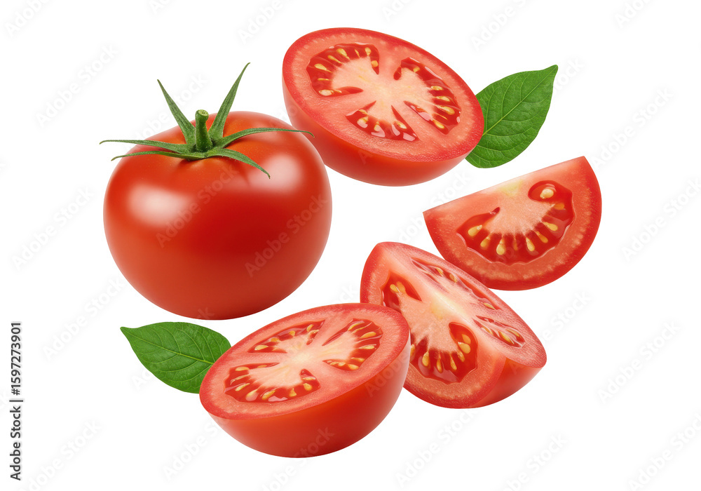 Fresh red tomatoes with sliced pieces and green leaves on a white background Fresh red tomatoes with sliced pieces and green leaves on a white background