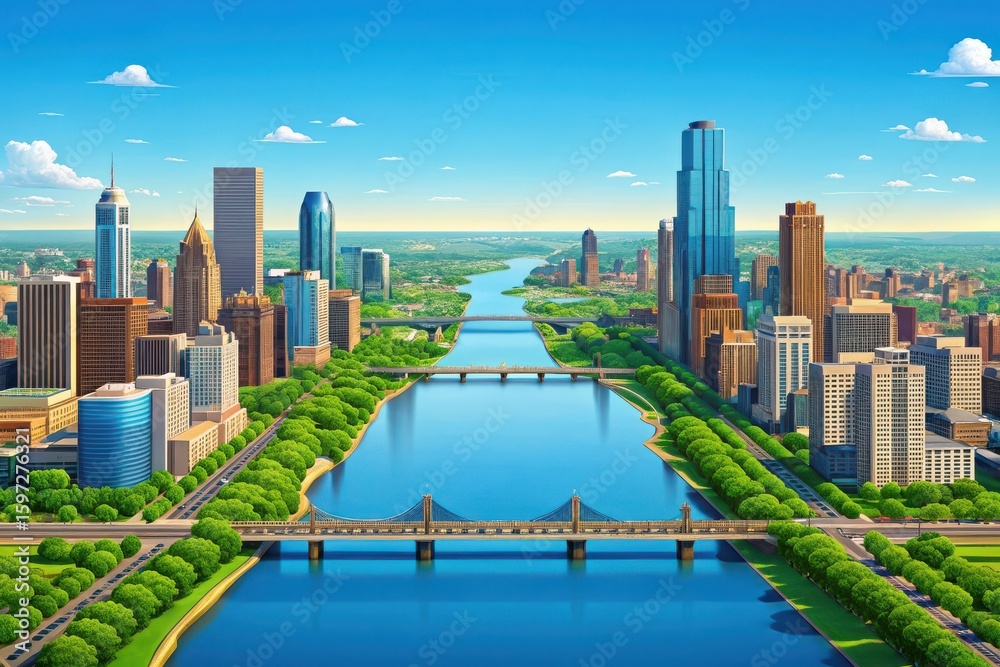 Obraz premium Vibrant city skyline with a wide blue river and lush green parks
