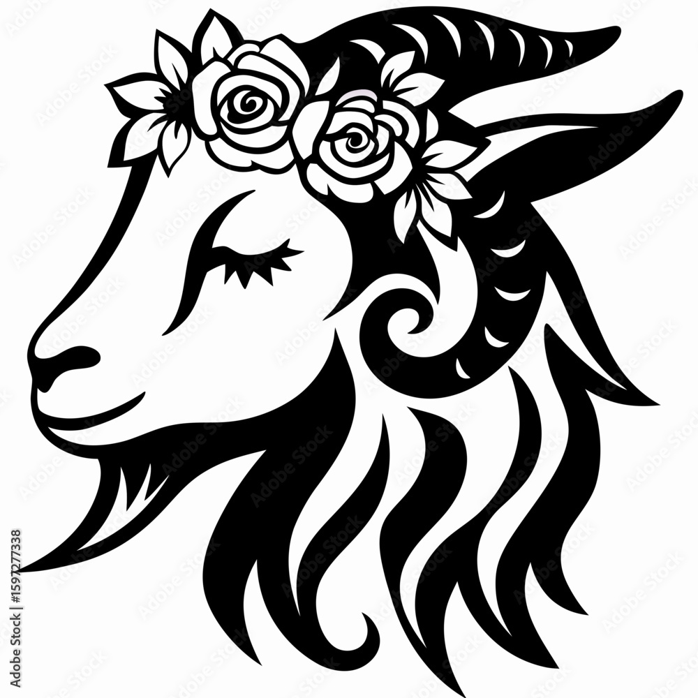 Obraz premium Gentle Goat Head Adorned with Floral Crown Serene Animal Illustration