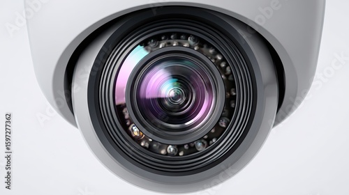 Close-up of a white security camera with a prominent lens and infrared lights, suggesting surveillance and monitoring.