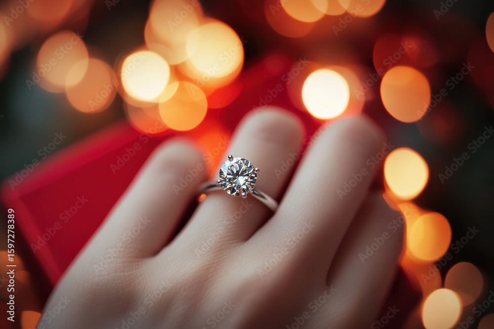 Diamond Engagement Ring on Woman’s Hand with Red Gift Box and Holiday Lights Diamond Engagement Ring on Woman’s Hand with Red Gift Box and Holiday Lights