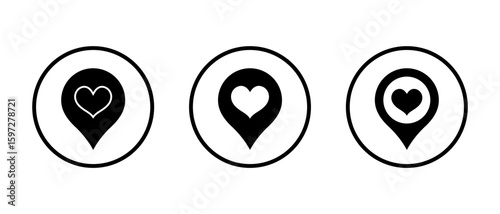 Heart location pin icon in circular outline. Love map marker for favorite or romantic place
