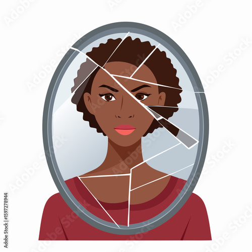 Broken mirror showing fragmented reflection, representing identity loss, trauma, and inner distortion.
