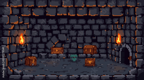 Pixel Art Dungeon Room with Treasure Chests and Torches