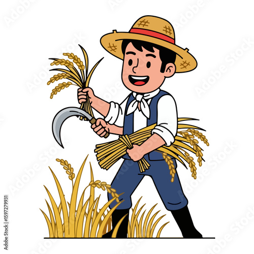 Cartoon harvesting rice or grain, harvest festival theme. Vector flat design cartoon. AI generated images.	